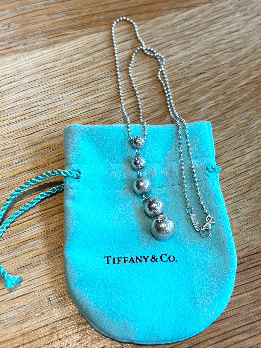 Tiffany & Co. Sterling Silver Graduated Bead Pendant on Ball Chain - Blue Pouch